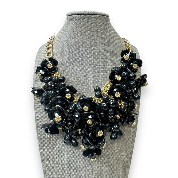 Talbots Black Acrylic Flower Cluster Goldtone Chunky Bib Necklace 18.5-21.5” - Picture 2 of 10